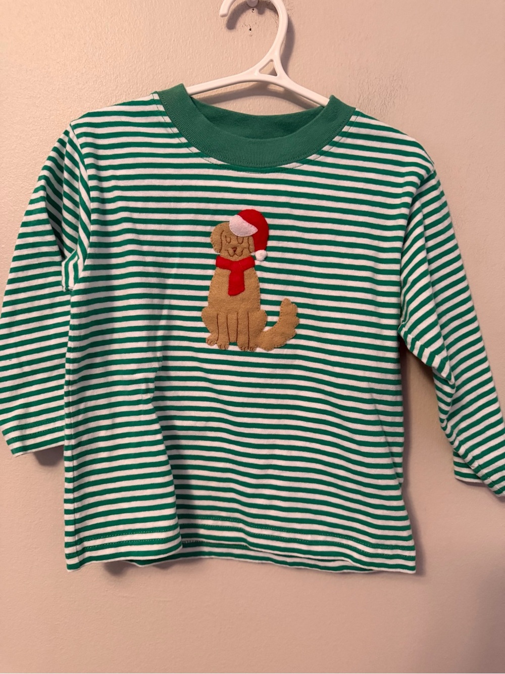 Luigi Kids Green & White Striped Kids Long-Sleeve Shirt with Dog Holiday Appliqu